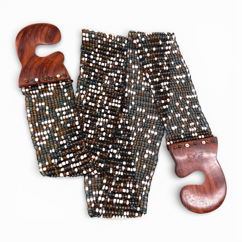Vintage Beaded Boho Belt with Wood Hook Closures Earth Tone Seed Bead Woven Belt